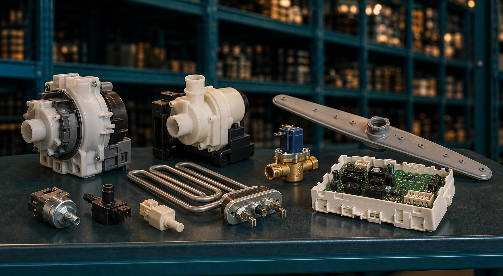 Dishwasher spare parts arranged in a warehouse