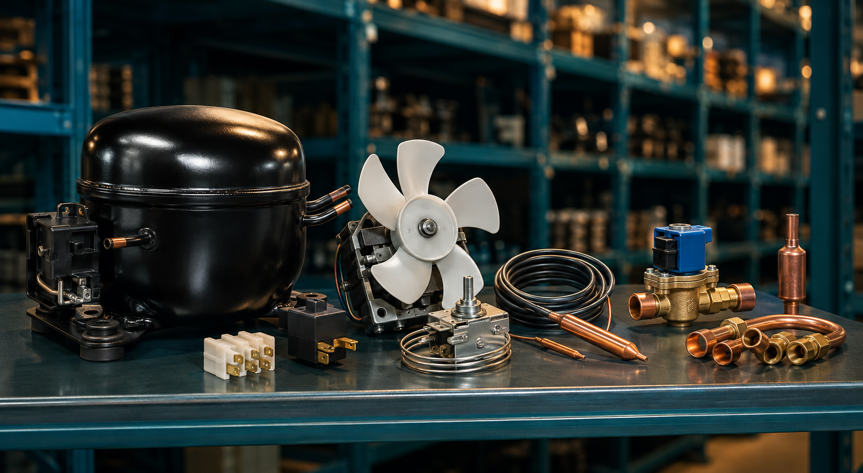 Refrigeration spare parts arranged in a warehouse